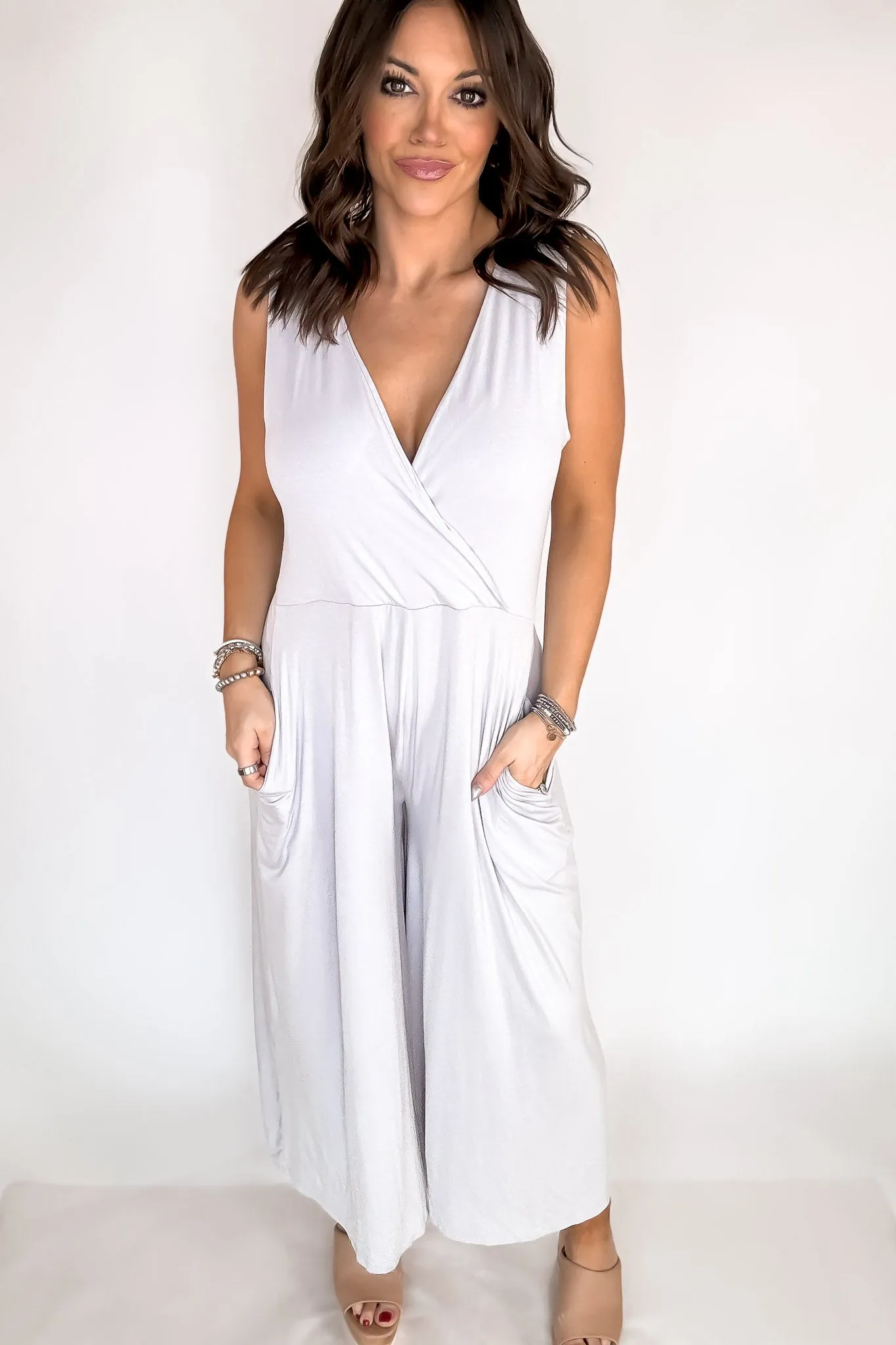 Take A Chance Light Gray Surplice Neckline Sleeveless Jumpsuit