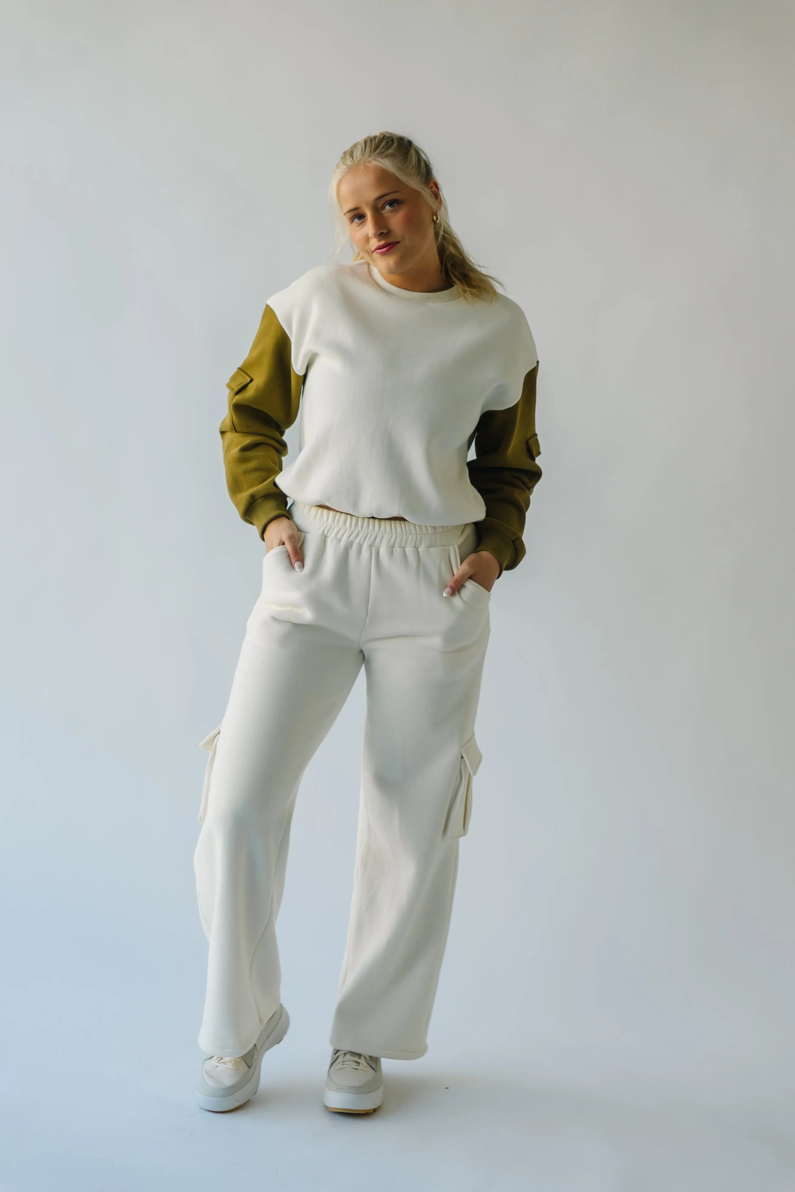 The Shannon Pocket Detail Pullover in Ivory   Olive