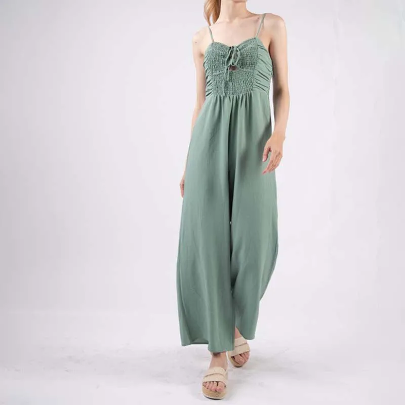 Tie Neck Smocked Bodice Keyhole Jumpsuit