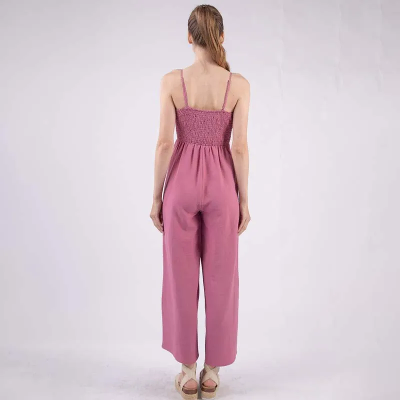 Tie Neck Smocked Bodice Keyhole Jumpsuit