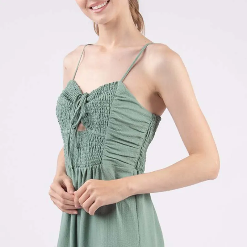 Tie Neck Smocked Bodice Keyhole Jumpsuit