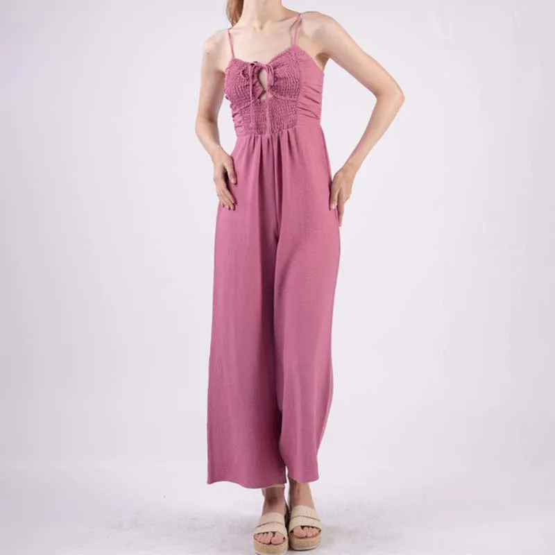 Tie Neck Smocked Bodice Keyhole Jumpsuit