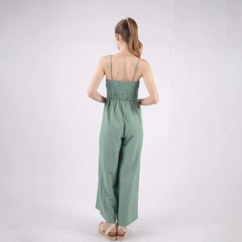 Tie Neck Smocked Bodice Keyhole Jumpsuit