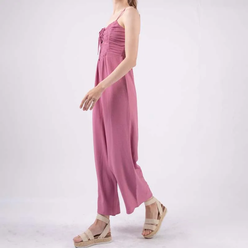 Tie Neck Smocked Bodice Keyhole Jumpsuit