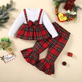 Toddler Girls Solid Color Long-sleeved Tops Plaid Print Flared Pants Set