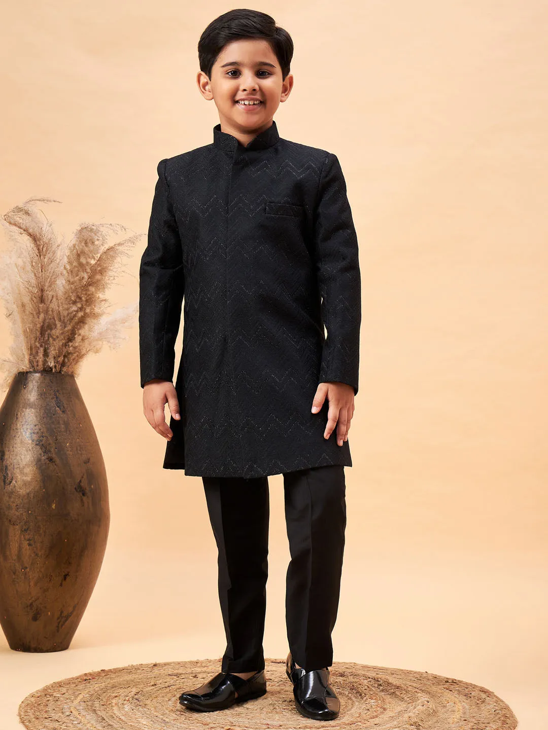 VASTRAMAY Boy's Black Glitter Indo Western Sherwani Set