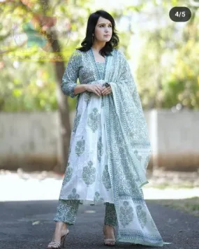 White & Green Cotton Mughal Butta Print Anarkali Suit Set