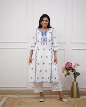 White Cotton Embroidered  Kurti Pant Set Of 2