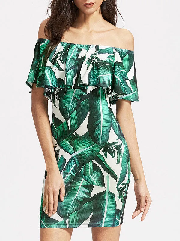 Women Off Shoulder Leaf Print Ruffles Mini Dress