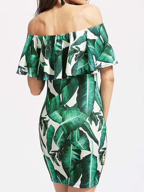 Women Off Shoulder Leaf Print Ruffles Mini Dress