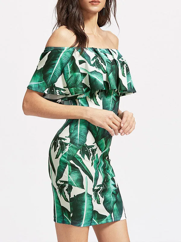 Women Off Shoulder Leaf Print Ruffles Mini Dress